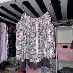 Cropped Cold Shoulder Tassel Blouse